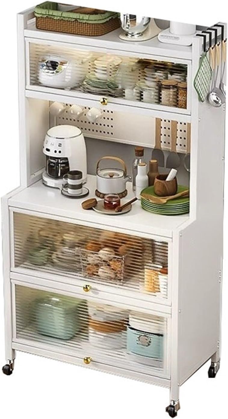 5/6 Tier Microwave Stand with Storage Bakers Rack with Drawers Coffee Pub Station Organizer with Flip Doors Vintage Kitchen Utility Storage Shelf Long-Lasting(White,5 Layer)