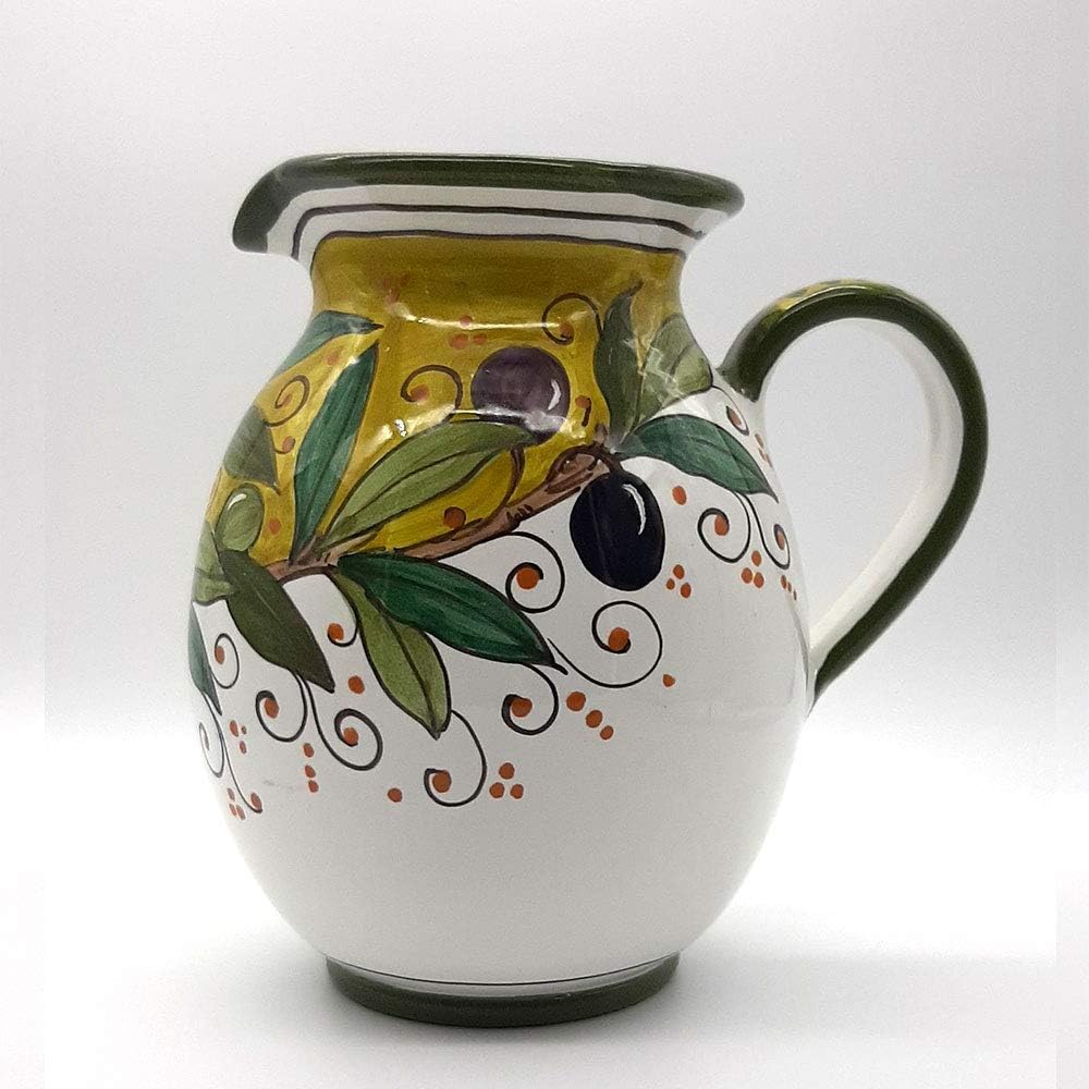 Italian Ceramic Pitcher Olive Green - 33 oz Hand Painted Utensil Holder Or Carafe Design for Kitchen - Made in ITALY Tuscany - Italian Pottery Vase Jar for Wine - Home Decor Ceramics Dispenser