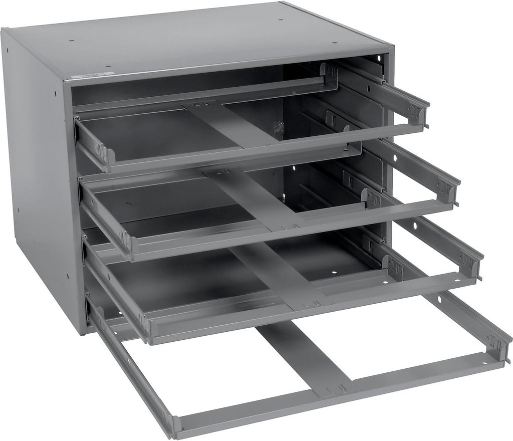 Global Industrial Durham Steel Compartment Box Rack with Four Adjustable Divider Compartment Boxes, 18' L x 12' W x 3' H Boxes, 20' L x 15-3/4'W x 15' H Overall
