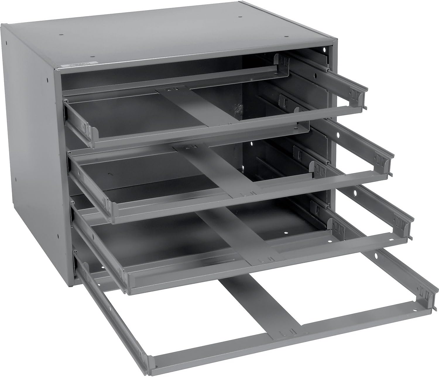 Global Industrial Durham Steel Compartment Box Rack with Four Adjustable Divider Compartment Boxes, 18' L x 12' W x 3' H Boxes, 20' L x 15-3/4'W x 15' H Overall