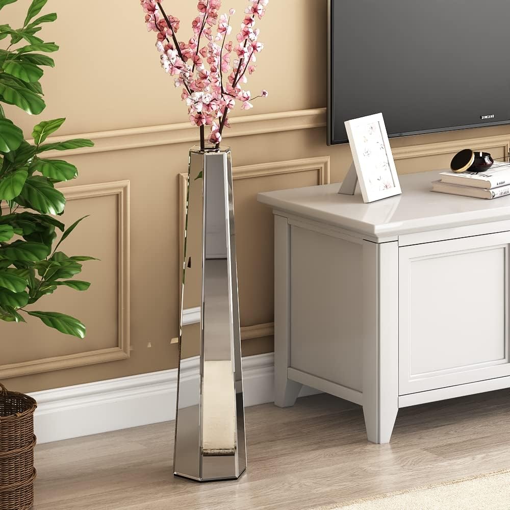 SHYFOY 30 inch Tall Mirror Floor Vase, Silver Large Vases for Decor Living Room Floor, Sophisticated Vessel for Decorative Branches and Dried Flowers (2 Pack)