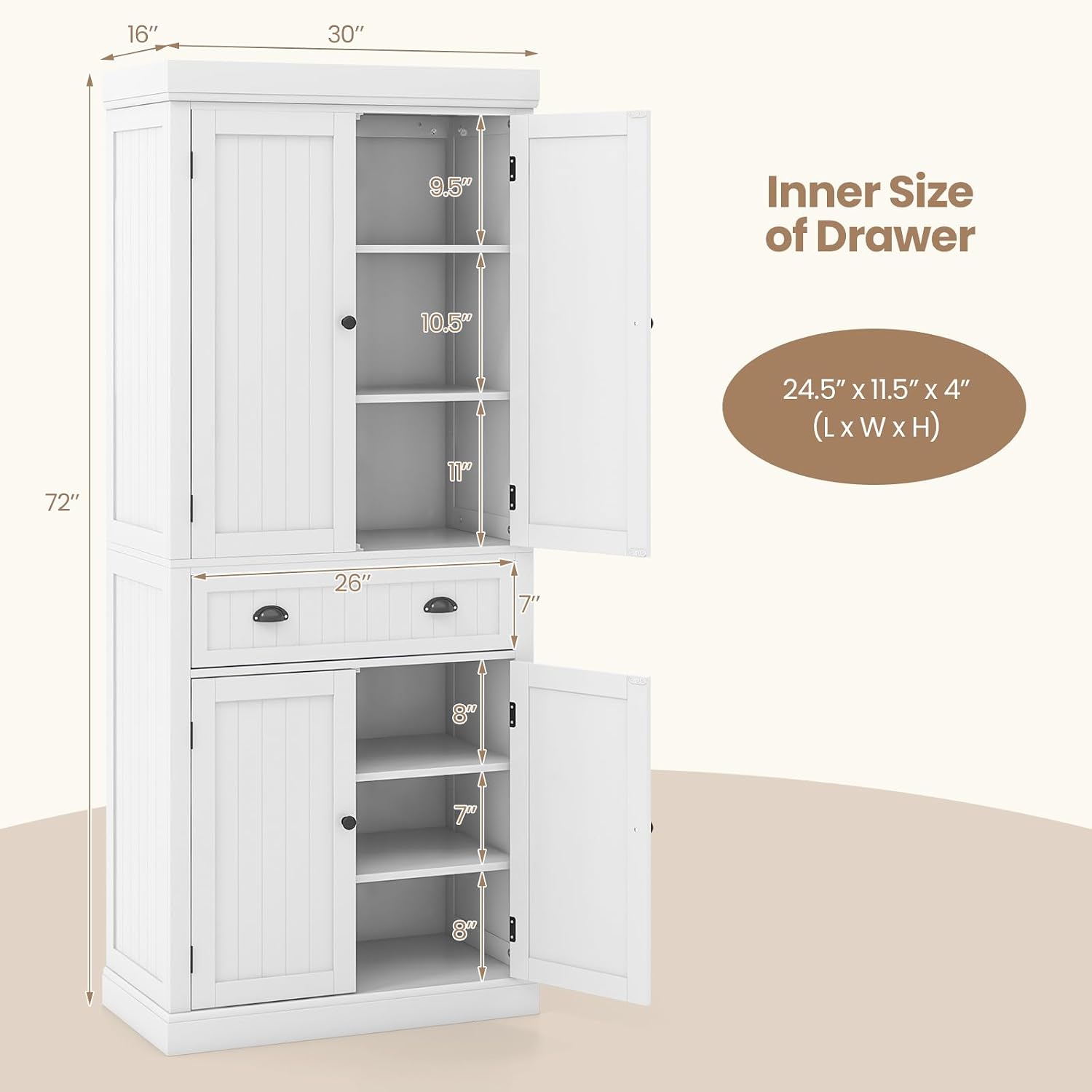 Tangkula 72' H Kitchen Pantry Cupboard Cabinet, Traditional Freestanding Large Tall Storage Cabinet with 2 Cabinets and Drawer, Adjustable Shelves, for Living Room Kitchen, 30 x 16 x 72 Inch
