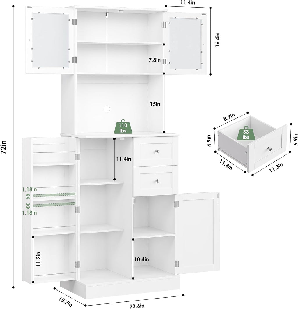 BOTLOG 72' Tall Kitchen Pantry Storage Cabinet, Kitchen Hutch Cabinet with Doors and Shelves, Modern Food Pantry with 2 Drawers for Dining Room, Living Room, White