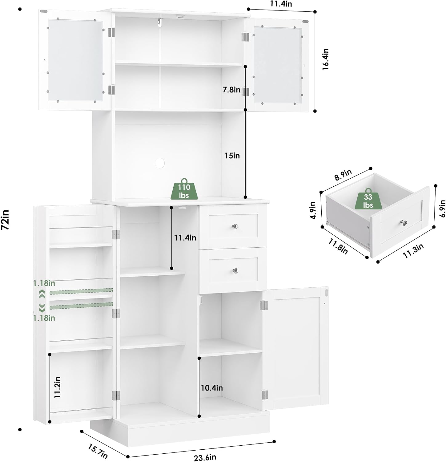 BOTLOG 72' Tall Kitchen Pantry Storage Cabinet, Kitchen Hutch Cabinet with Doors and Shelves, Modern Food Pantry with 2 Drawers for Dining Room, Living Room, White