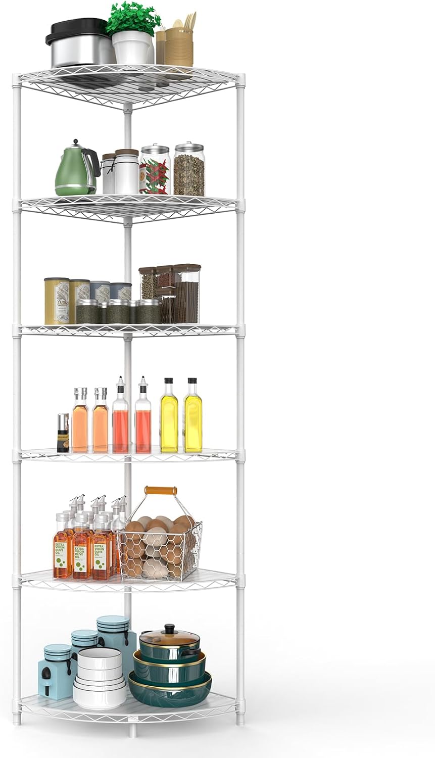 6 Tier NSF Corner Wire Shelf Shelving Unit, 18 x 18 x 72 Inch 420lbs Capacity Heavy Duty Adjustable Metal Storage Rack with Leveling Feet & Shelf Liners for Office Kitchen Bathroom and More - White