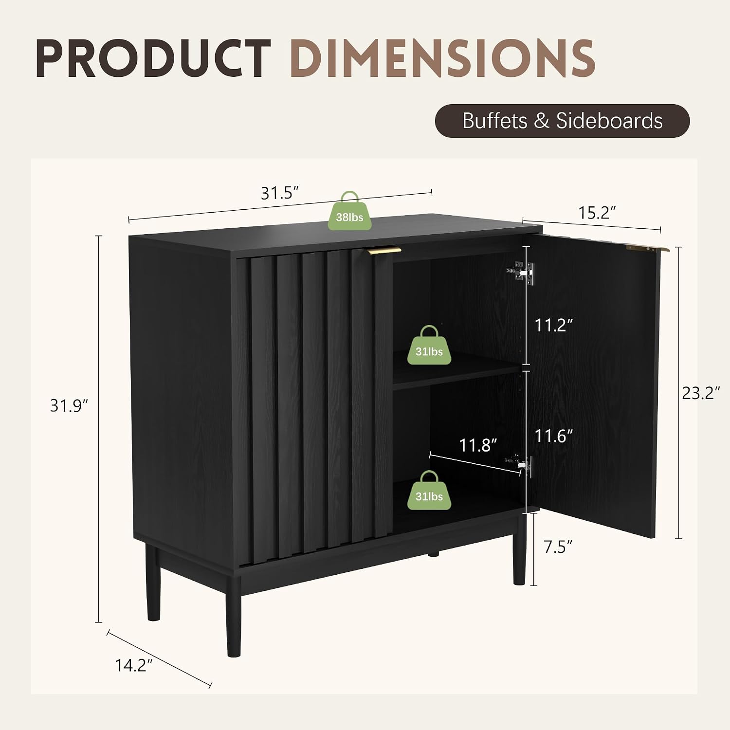 Otterease Fluted Cabinet with Storage, Buffet Cabinet Sideboard with Door, Kitchen Buffet Storage Accent Cabinets with Adjustable Shelves for Living Room, Entry, Hallway, Black