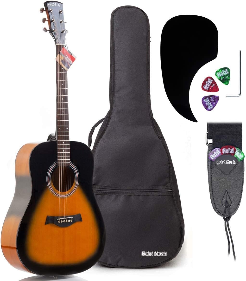 Acoustic Guitar Bundle Dreadnought Series by Hola! Music with D'Addario EXP16 Steel Strings, Padded Gig Bag, Guitar Strap and Picks, Full Size 41 Inch (Model HG-41SB), Vintage Sunburst