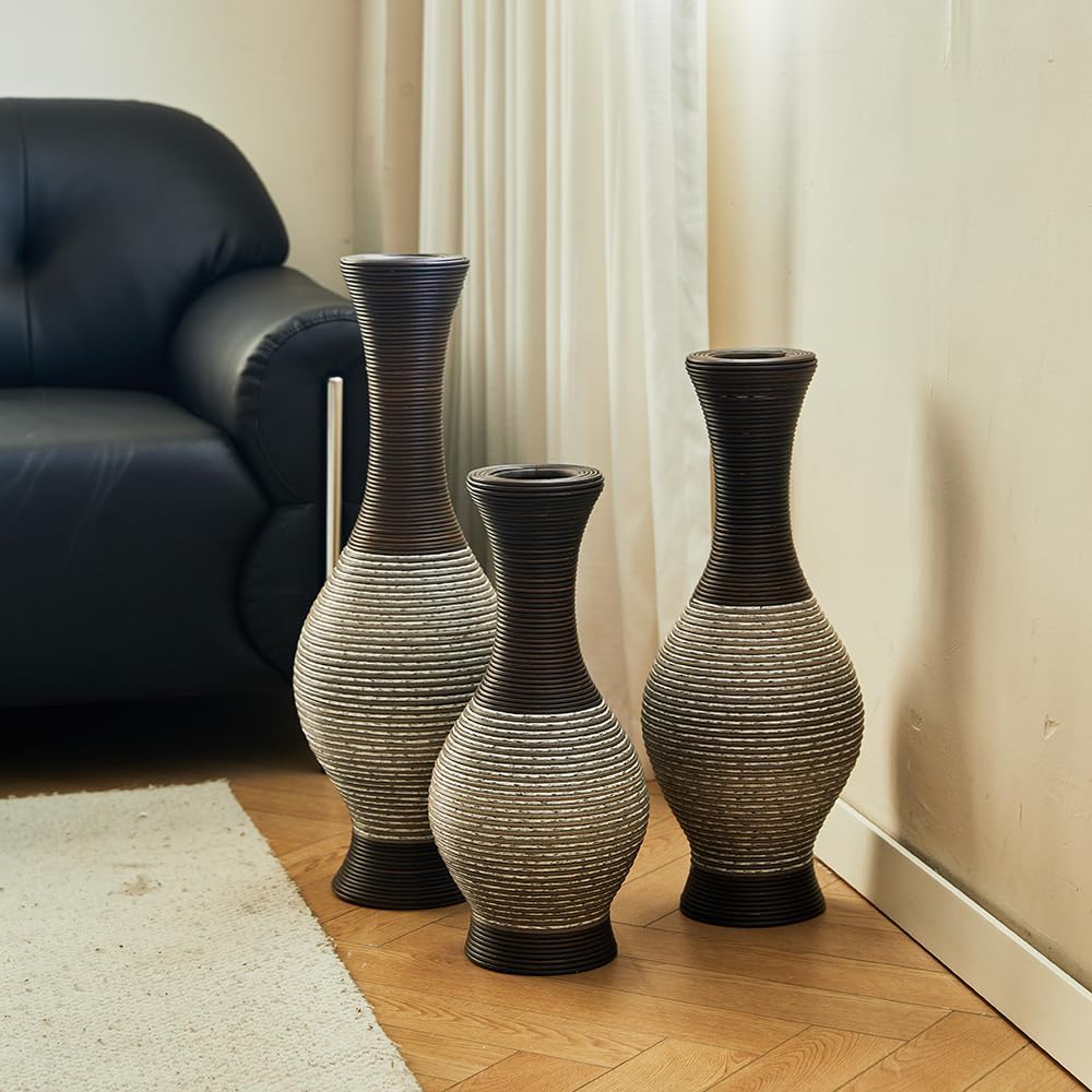 Floor PVC Decorated Vases Set of 3 for Gorgeous Home Decoration Large Classic PVC Vases 20in/24in/28in Height(Brown+White)