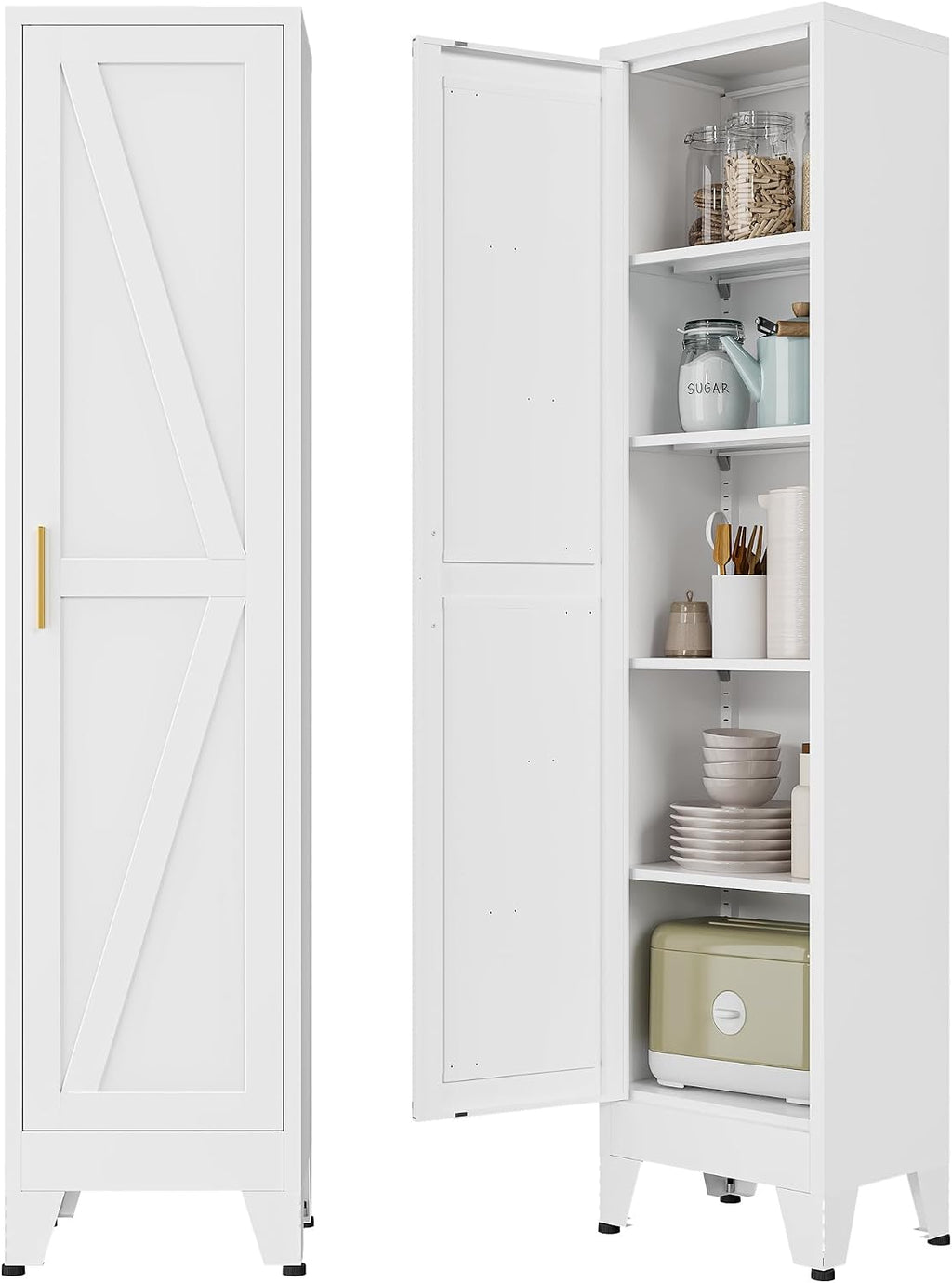 Narrow Bthroom Storage Cabinet Tall Metal Storage Cbinets with 4 Adjustable Shelves Freestanding 5 Tier Slim Pantry Cabinet for Kitchen Office Small Space