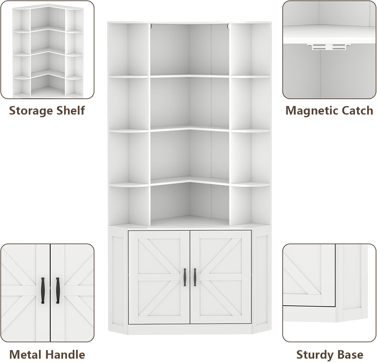 Corner Bookshelf with Doors, 6 Tier Corner Bookcase with Storage Cabinet, White L-Shaped Book Shelf with 8 Open Racks , Farmhouse Etagere Bookshelf with Full Baffle for Living Room Home Office (White)