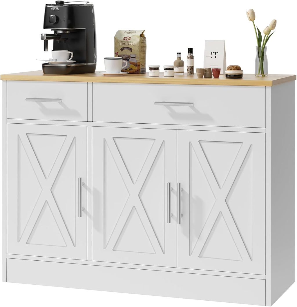 Buffet Cabinet with Storage, Coffee Bar Cabinet, Farmhouse Wood Kitchen Cabinets with Drawers and Doors, Wide Sideboard Cabinets, White