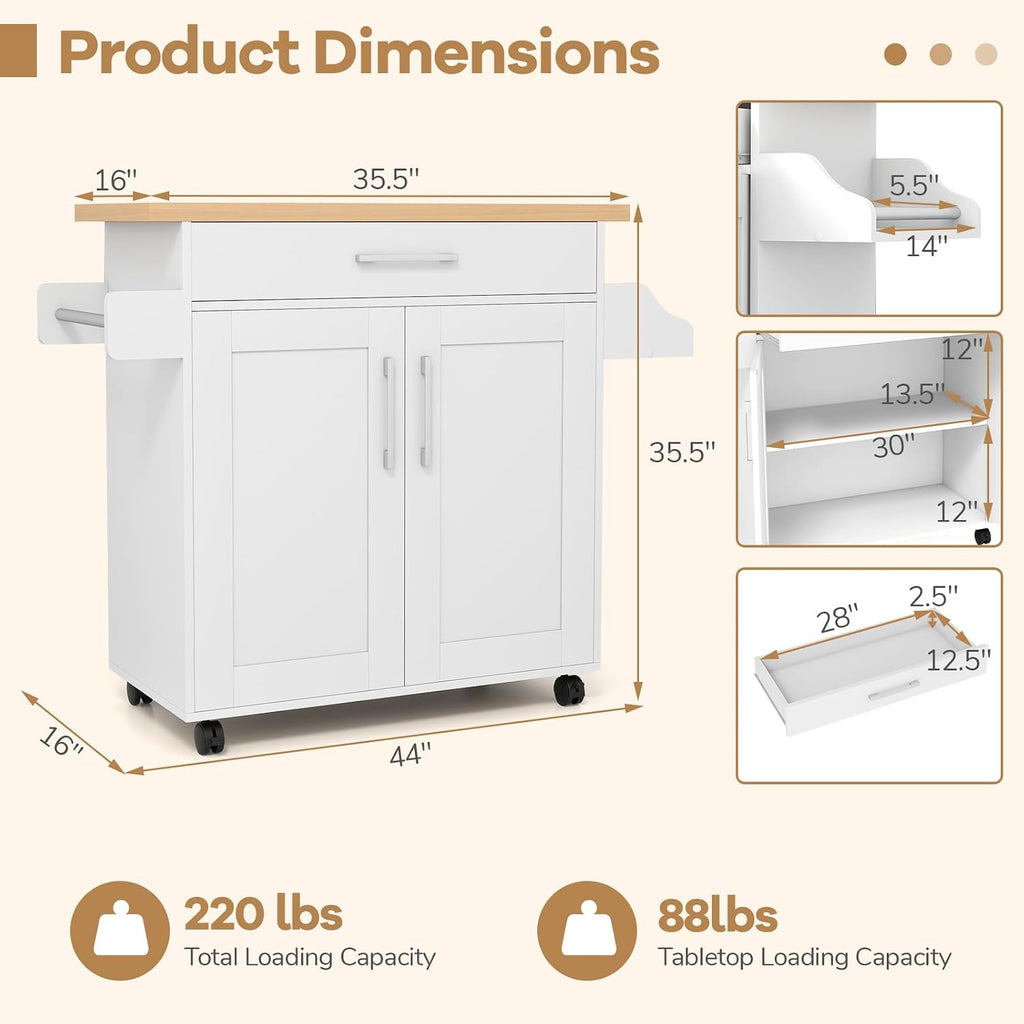 COSTWAY Kitchen Island On Wheels, Rolling Storage Trolley Cart with Large Cabinet, Drawer, Spice Rack and Towel Rack, Kitchen Serving Utility, 3-Position Adjustable Shelf (White)