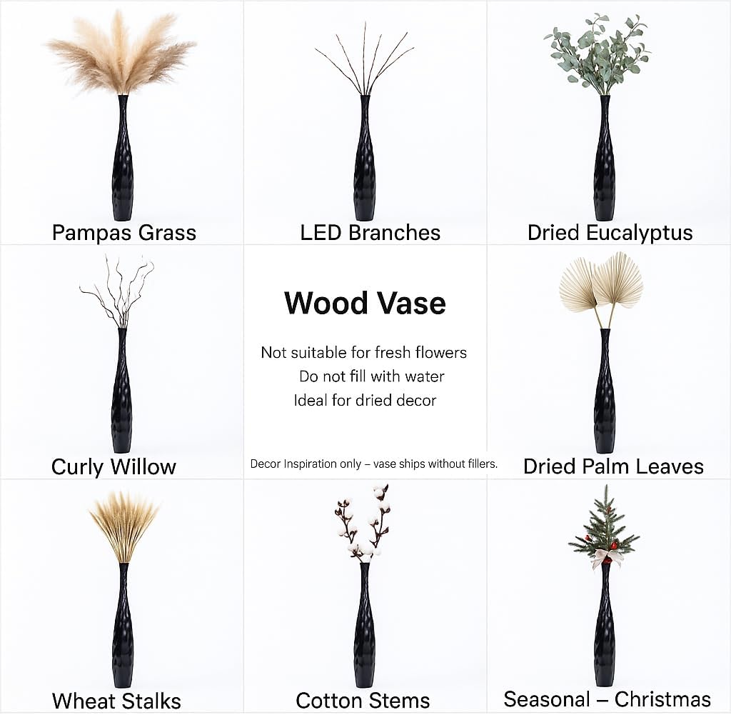Leewadee Large Black Home Decor Floor Vase - Wooden 41 inch Tall Farmhouse Decor Flower Holder for Fake Plant and Pampas Grass