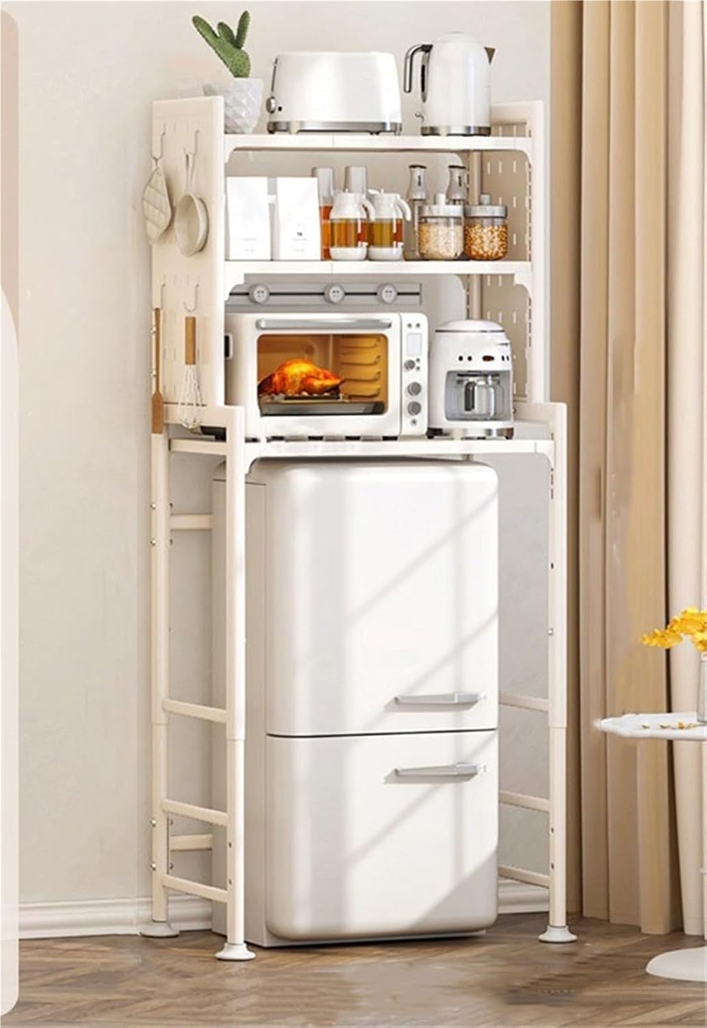 Mini Fridge Stand Storage Refrigerator Shelf 3 Tier Expandable Adjustable Height Microwave Stand Shelf Kitchen Bakers Rack for Refrigerators Below 1.2m(White)