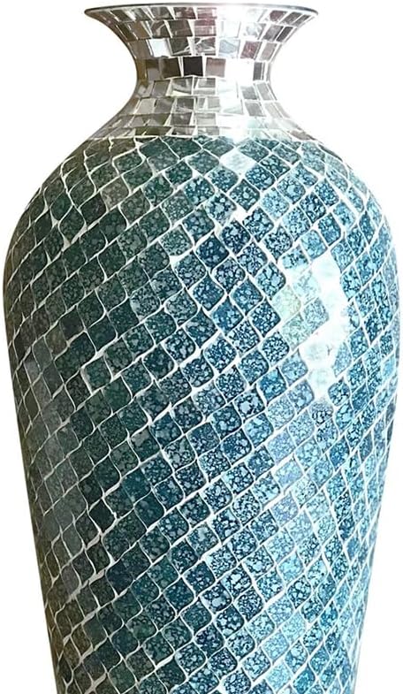 Floor Vase, Mosaic Vase, Decorative Metal Mosaic Piece Vase in Geometric Pattern Wavy Shape with Glass- Marbled Teal & Silver