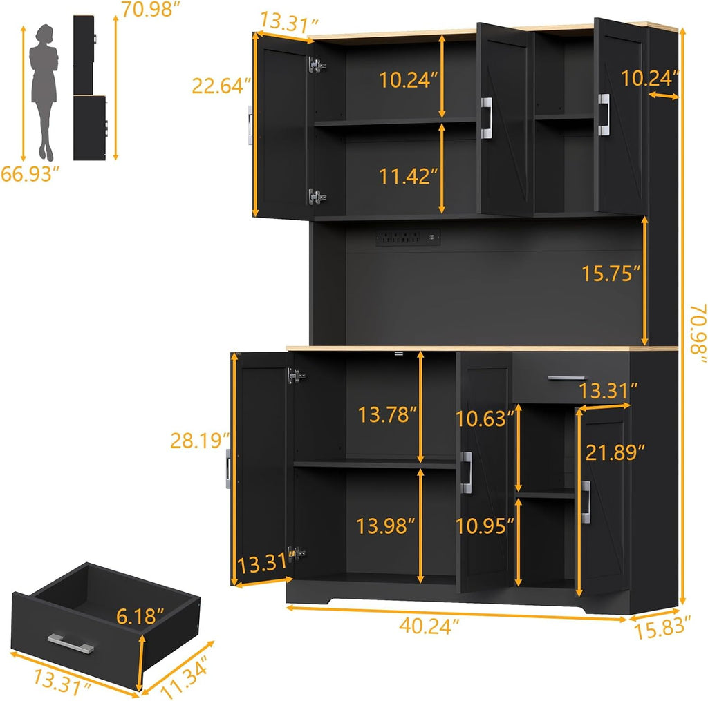 Gyfimoie 71'' Farmhouse Kitchen Pantry Cabinet, Tall Storage Cabinet with Power Outlet, Freestanding Hutch with Drawer, 4 Adjustable Shelf & 6 Doors for Kitchen Living Room (Black)