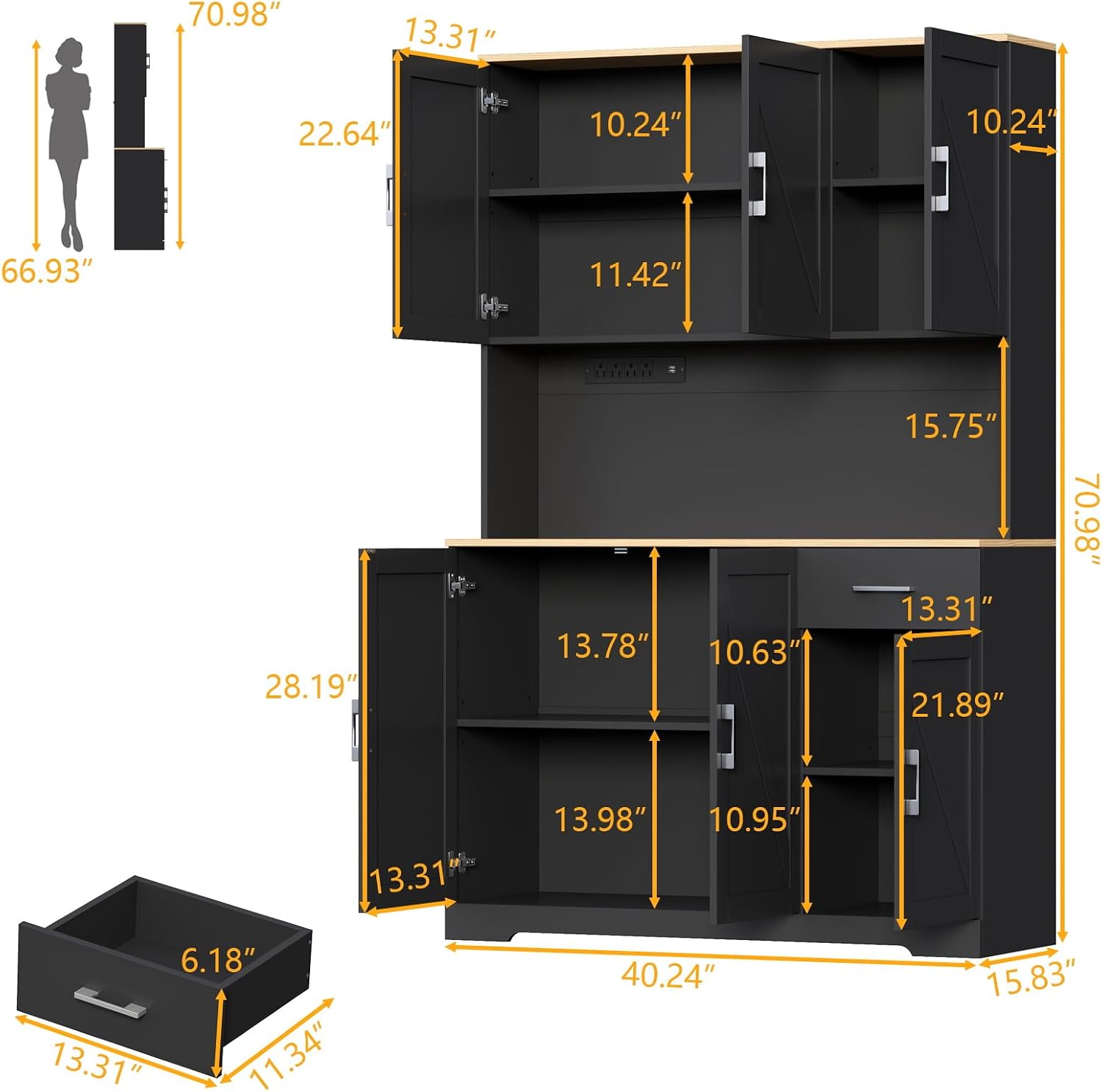 Gyfimoie 71'' Farmhouse Kitchen Pantry Cabinet, Tall Storage Cabinet with Power Outlet, Freestanding Hutch with Drawer, 4 Adjustable Shelf & 6 Doors for Kitchen Living Room (Black)