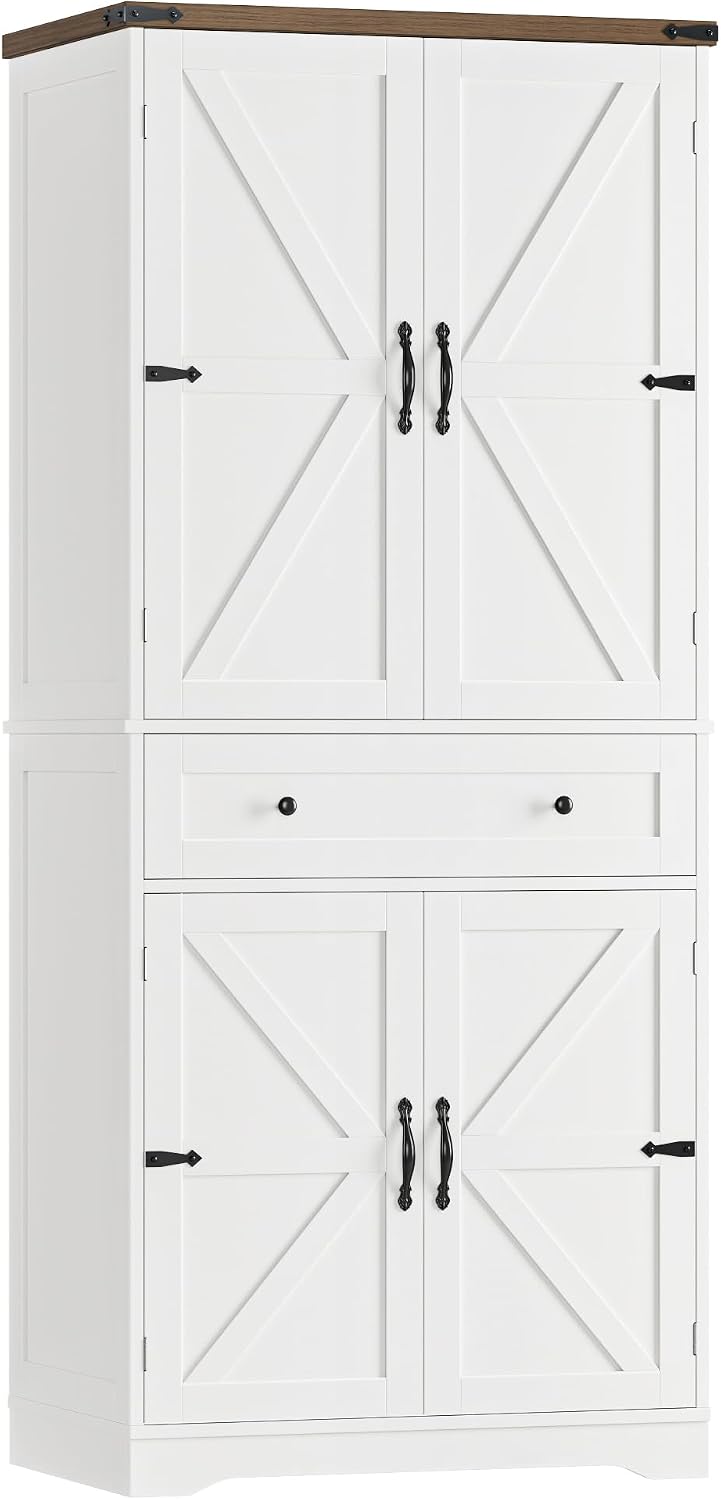 HOSTACK 71' Tall Pantry Cabinet, Farmhouse Kitchen Pantry with Storage Shelves, Barn Doors Food Storage Cabinet, Freestanding Kitchen Hutch with Large Drawer for Living Room, White + Rustic Brown