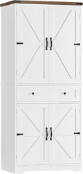 HOSTACK 71' Tall Pantry Cabinet, Farmhouse Kitchen Pantry with Storage Shelves, Barn Doors Food Storage Cabinet, Freestanding Kitchen Hutch with Large Drawer for Living Room, White + Rustic Brown