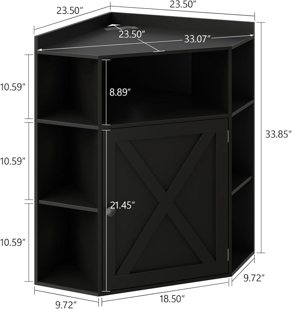 Vabches Corner Cabinet, Corner Storage Shelf with USB Ports and Outlets Industrial Organizer for Small Space Wooden 6-Cubby Bookshelf for Study, Playroom, Living Room (Black)