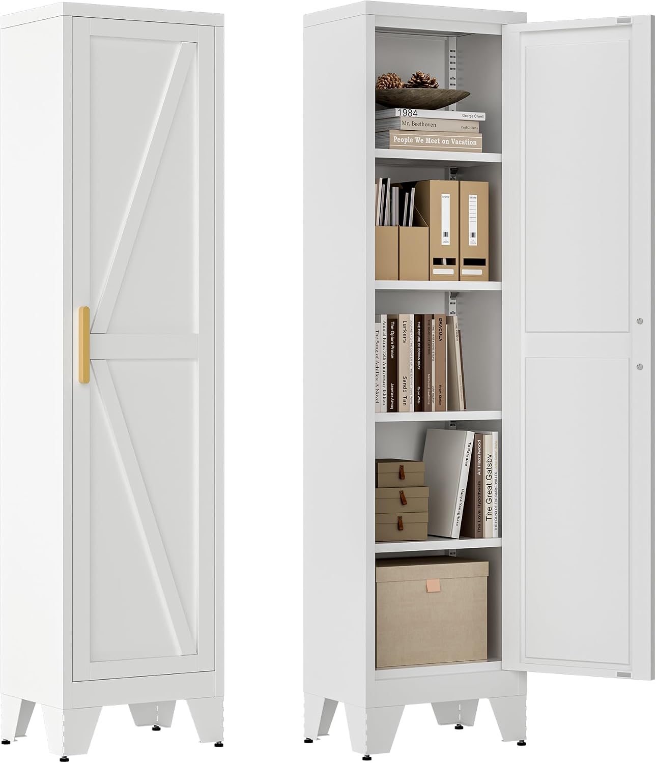 Washsemba 67''Farmhouse Metal Storage Cabinet with Barn Doors,Steel File Cabinet for Home Office,Kitchen Pantry 4 Adjustable Shelves,Freestanding Cupboard for Kitchen,HomeOffice(White)
