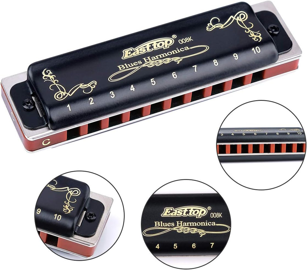 Easttop Harmonica Sets 7 Keys in Key of A B C D E F G 10 Hole 20 Tones with Case Bag & Cleaning Cloth for Adult, Professional Player,Beginner,Heavy Duty, Black