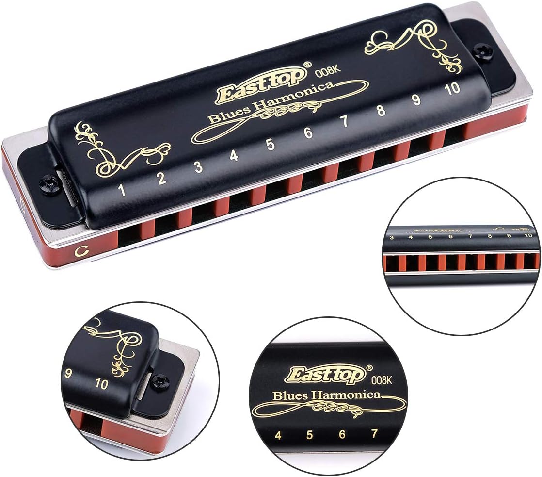 Easttop Harmonica Sets 7 Keys in Key of A B C D E F G 10 Hole 20 Tones with Case Bag & Cleaning Cloth for Adult, Professional Player,Beginner,Heavy Duty, Black