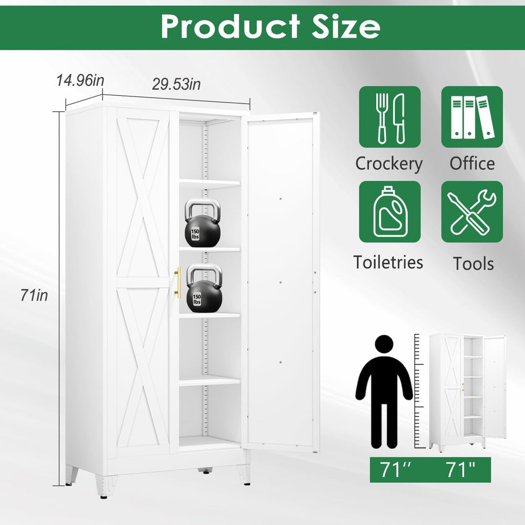 pozdeg 71' Tall Kitchen Pantry Cabinet, Metal Storage Cabinet with 2 Doors and 4 Adjustable Shelves, White Food Pantry Cupboard for Kitchen, Dining Room, Living Room and Bathroom (White)