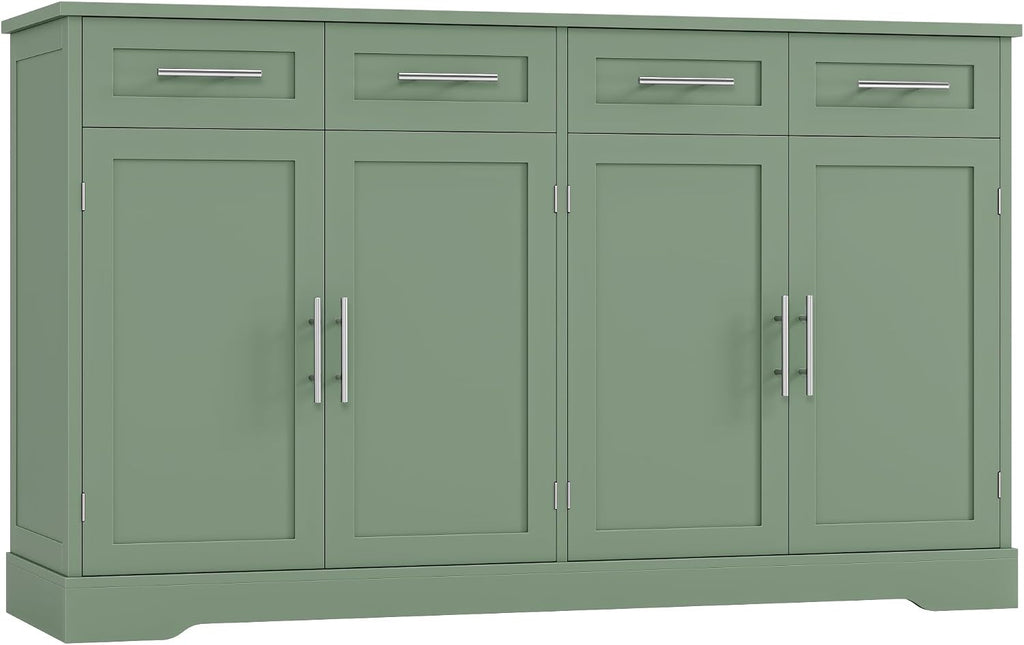 HOSTACK 60' Large Buffet Sideboard with Storage, 36' Tall Kitchen Buffet Storage Cabinet with 4 Drawers, Modern Coffee Bar Cabinet with Silver Handles, Long Sideboard Buffet Table for Kichen, Green