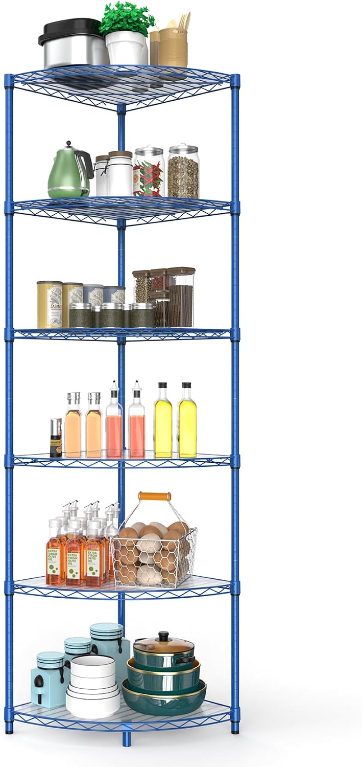 6 Tier NSF Corner Wire Shelf Shelving Unit, 18 x 18 x 72 Inch 420lbs Capacity Heavy Duty Adjustable Metal Storage Rack with Leveling Feet & Shelf Liners for Office Kitchen Bathroom and More - Blue