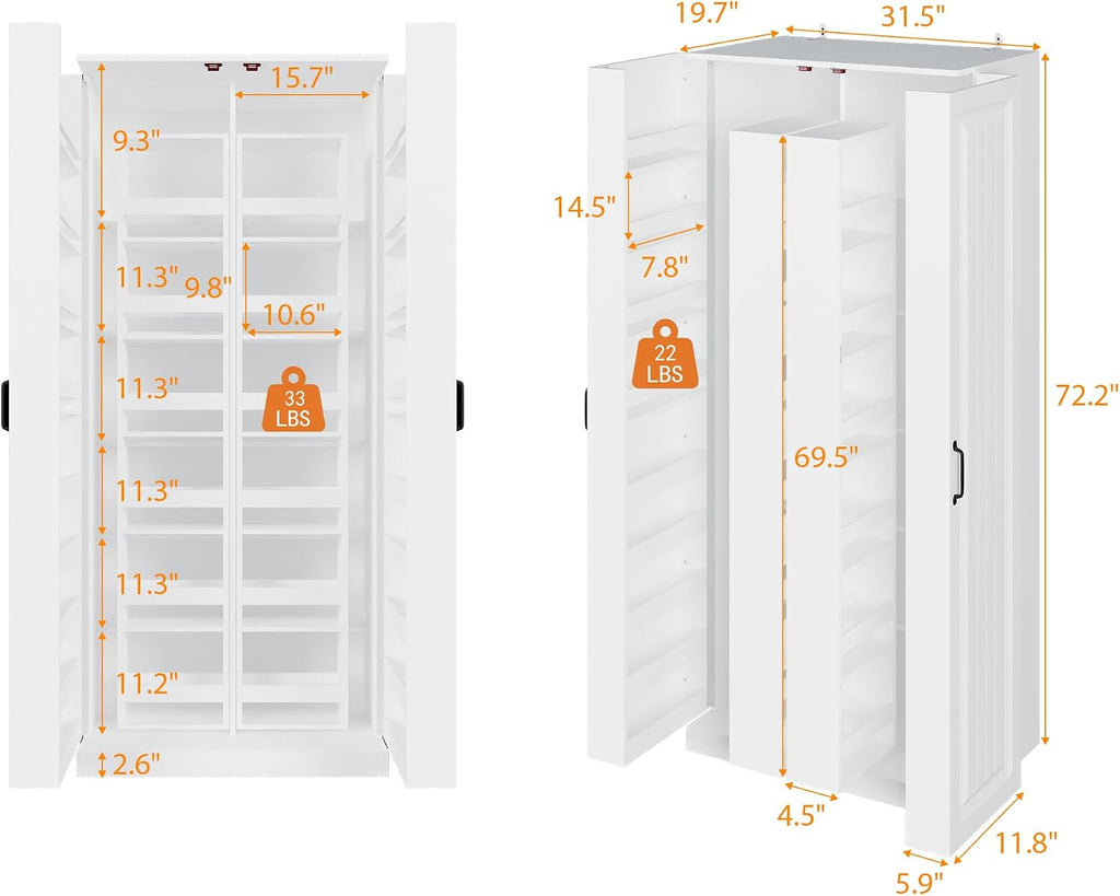 MOUMON Kitchen Pantry Storage Cabinet with Doors and Shelves, Rotating Racks, Tall Pantry Cabinet Cupboard with Door Racks, White, 19.7'D x 31.5'W x 72.2'H