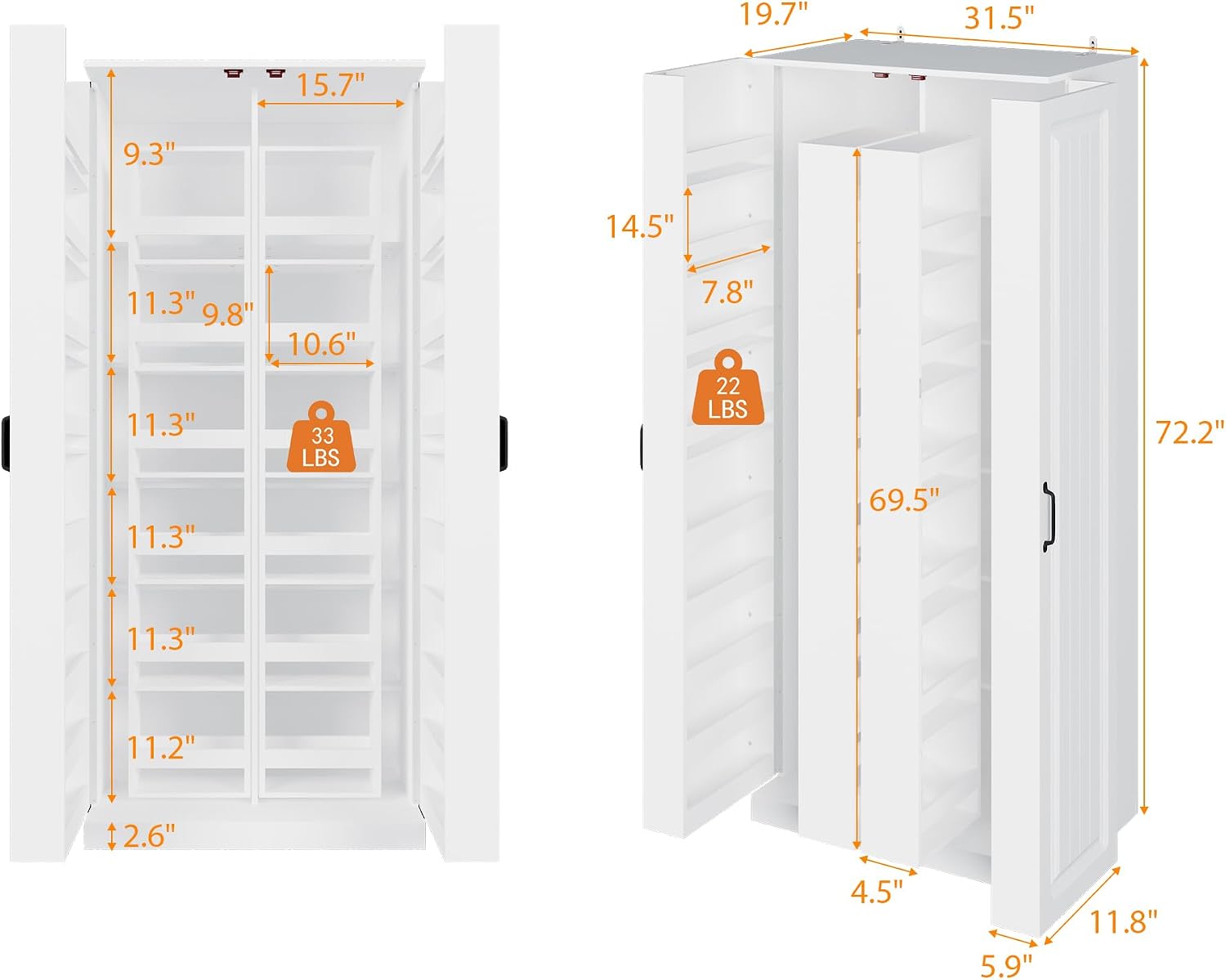 MOUMON Kitchen Pantry Storage Cabinet with Doors and Shelves, Rotating Racks, Tall Pantry Cabinet Cupboard with Door Racks, White, 19.7'D x 31.5'W x 72.2'H