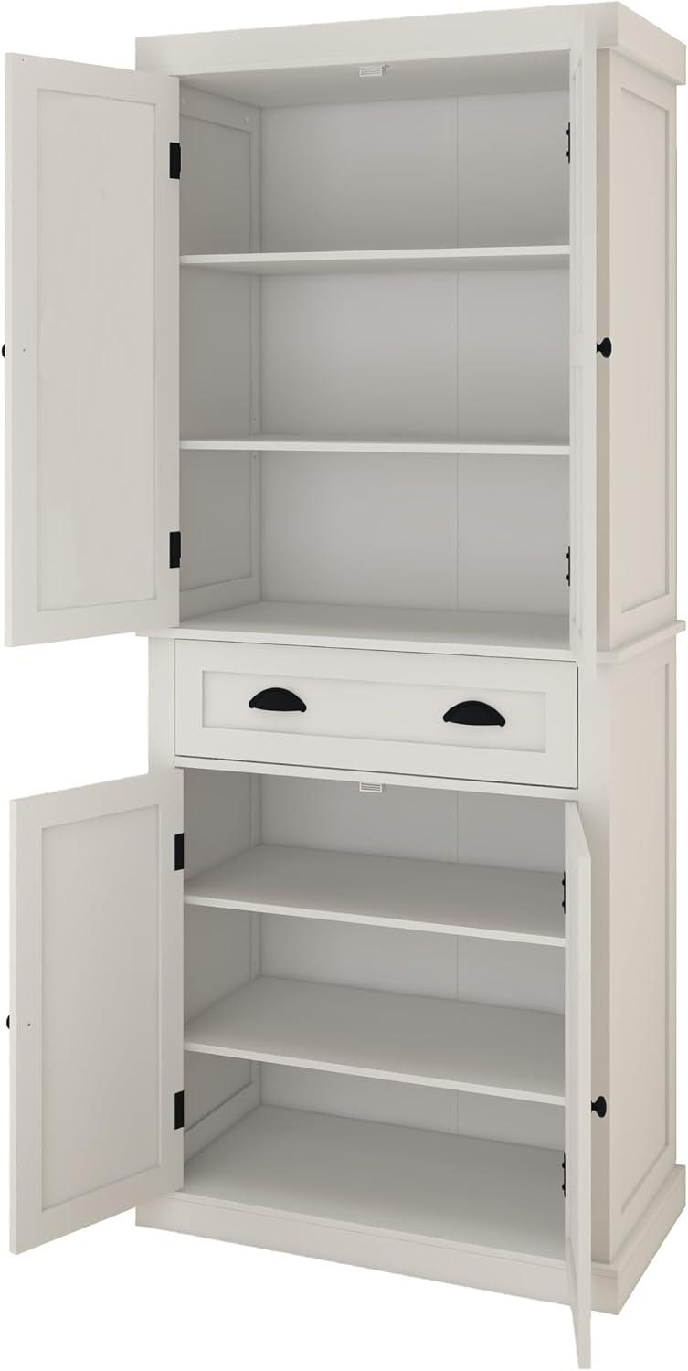 72' Adjustable-Shelf Freestanding Storage Cabinet, Kitchen Storage Bakers Rack with Drawer, Utility Food Cupboard with Anti-tip for Kitchen Dining Laundry Room, White
