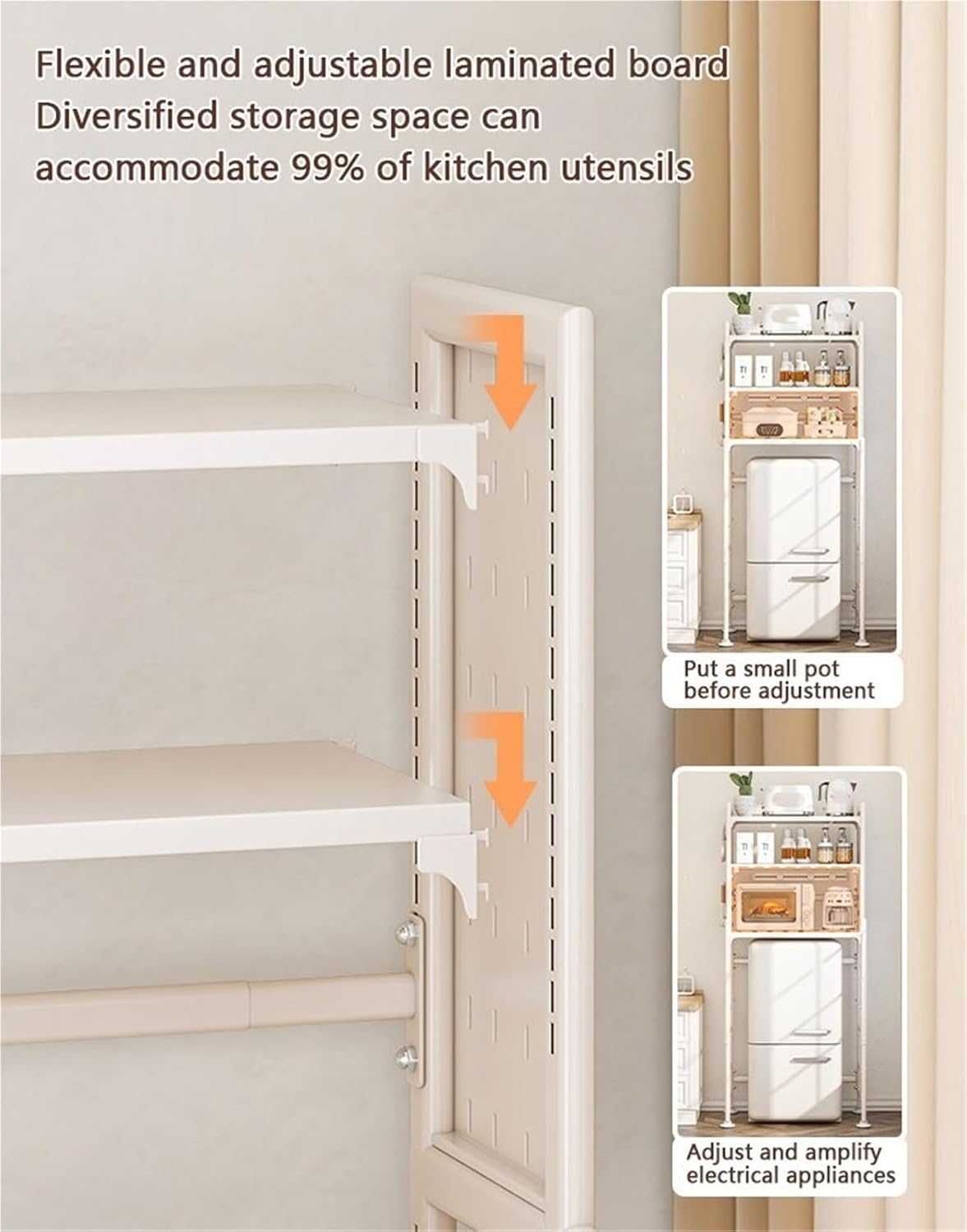 Mini Fridge Stand Storage Refrigerator Shelf 3 Tier Expandable Adjustable Height Microwave Stand Shelf Kitchen Bakers Rack for Refrigerators Below 1.2m(White)