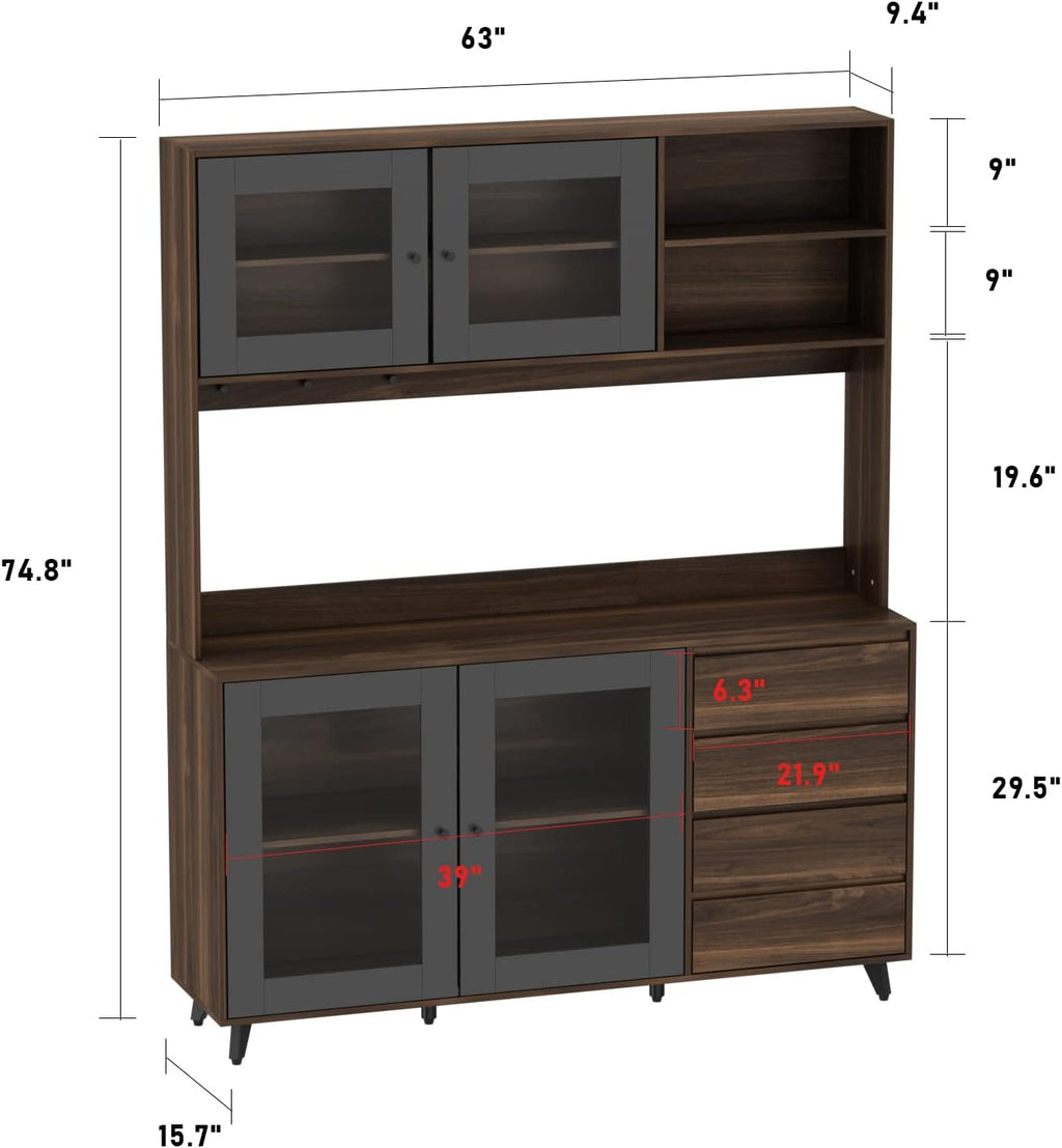 AIEGLE 63' W Large Kitchen Hutch Cabinet, Pantry Cabinets with Hutch, Freestanding Cupboard with 4 Doors, 4 Drawers & Microwave Shelf, Kitchen Storage Buffet, Dark Walnut (63' W x 15.7' D x 74.8' H)