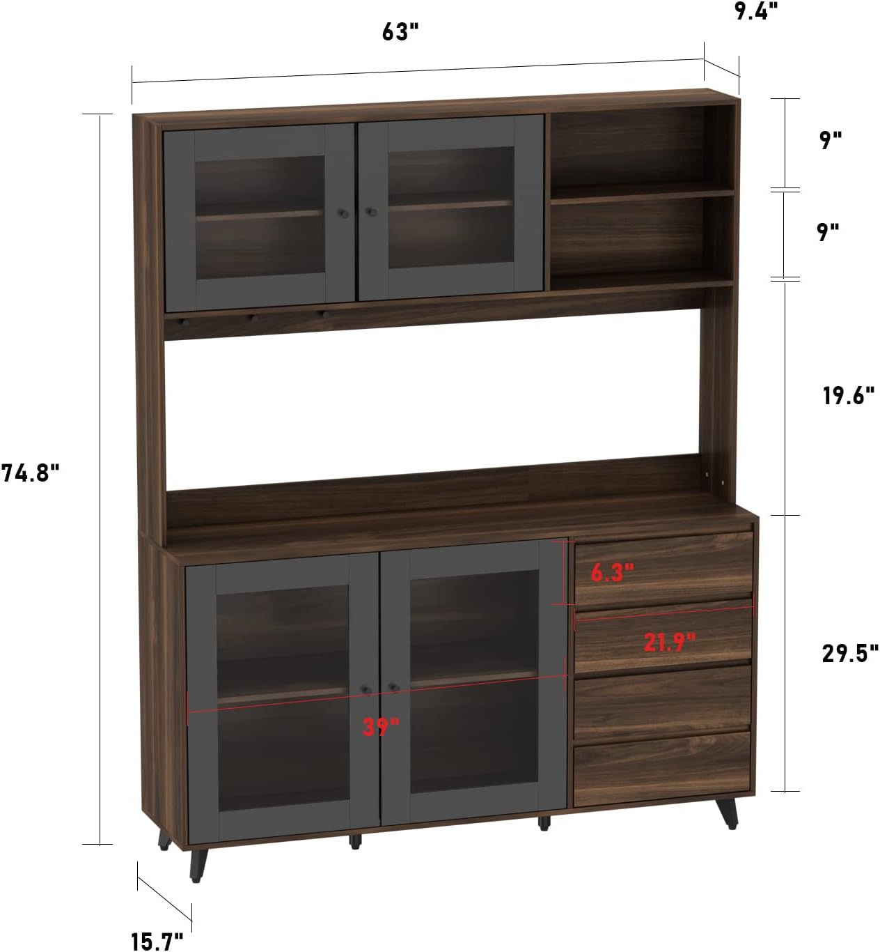 AIEGLE 63' W Large Kitchen Hutch Cabinet, Pantry Cabinets with Hutch, Freestanding Cupboard with 4 Doors, 4 Drawers & Microwave Shelf, Kitchen Storage Buffet, Dark Walnut (63' W x 15.7' D x 74.8' H)