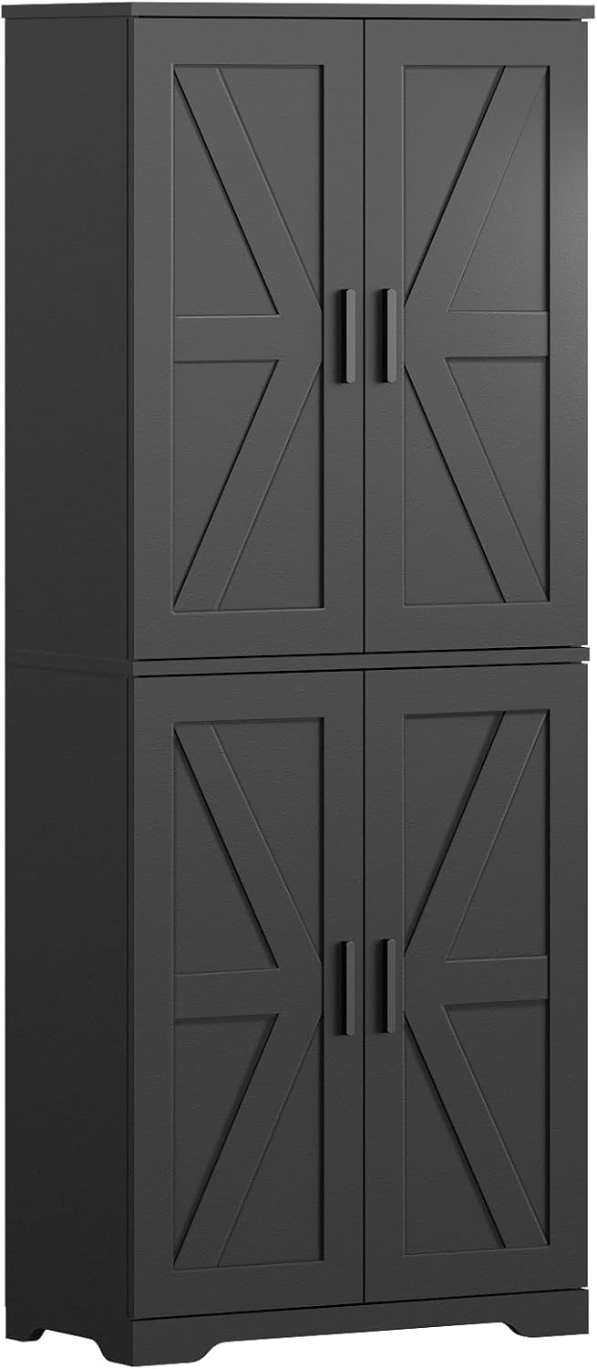 Farmhouse Storage Cabinet with 4 Door, Kitchen Pantry Storage with 4 Adjustable Shelves Wooden Cupboard for Kitchen, Dining Room, Living Room, Bathroom (Black)