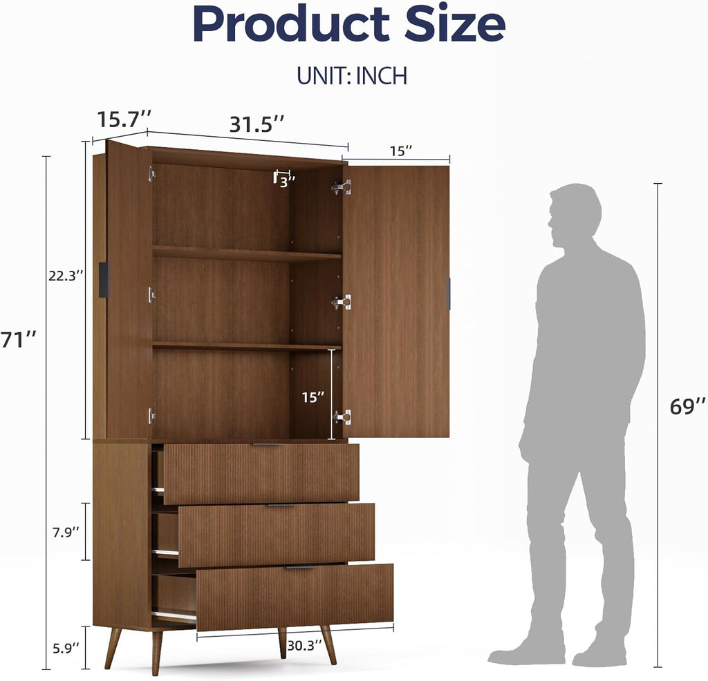 Tall Storage Cabinet, Kitchen Pantry Cabinet with Adjustable Shelves & Fluted Panel Design, Wood Cupboard with 3 Drawers 2 Doors, Tall Home Cupboard for Living Room, Kitchen, Walnut