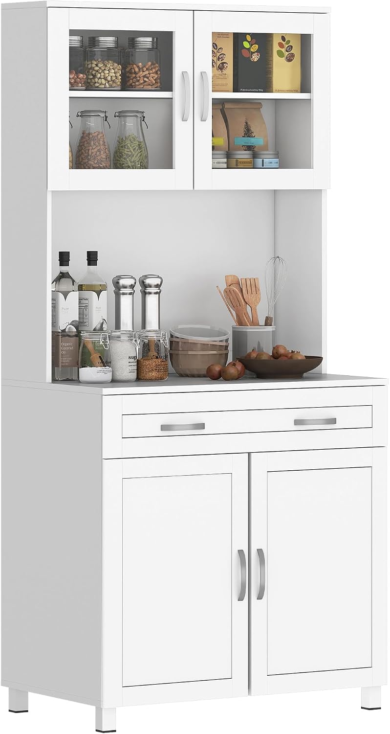 HOMCOM 67' Pantry Cabinet, Modern Kitchen Hutch, Freestanding Storage Cabinet with Glass Doors, Adjustable Shelves and Drawers for Home, Dining Room, Living Room, White