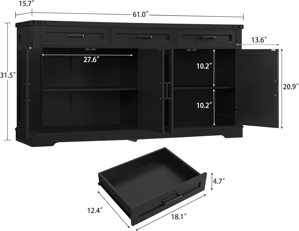 usikey Buffet Cabinet, 61' Large Sideboard Buffet Storage Cabinet with 3 Drawers, Farmhouse Coffee Bar with 4 Doors, for Kitchen, Living Room, Black