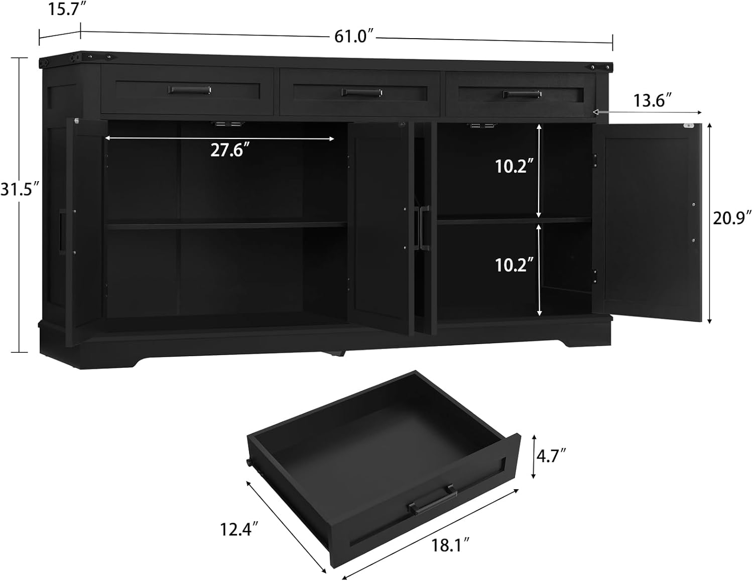 usikey Buffet Cabinet, 61' Large Sideboard Buffet Storage Cabinet with 3 Drawers, Farmhouse Coffee Bar with 4 Doors, for Kitchen, Living Room, Black