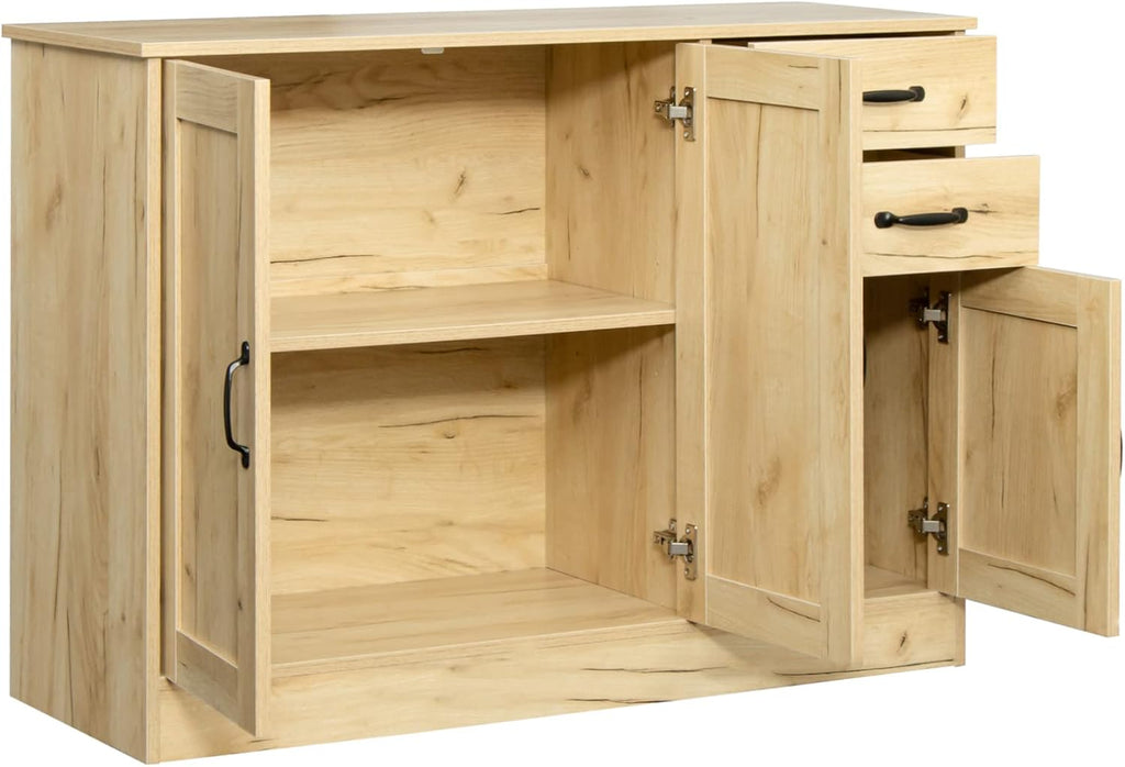 43' Modern Wood Freestanding Storage Cabinet, Kitchen Storage Bakers Rack with Easy Clean, Utility Food Cupboard with 2 Drawers for Dining Room Organization, Oak