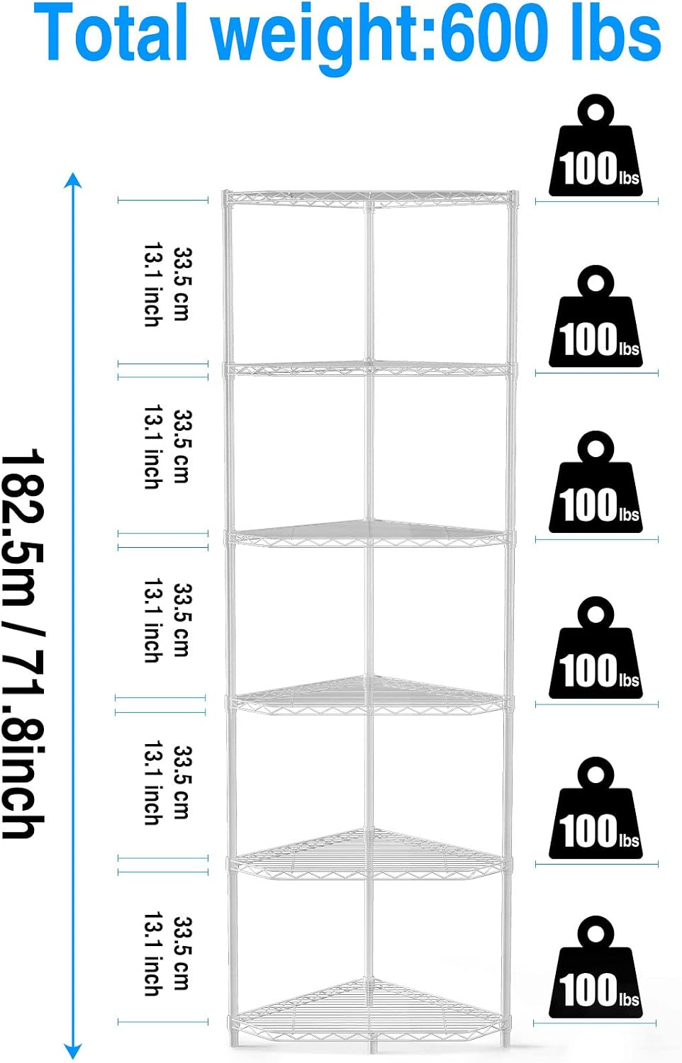 600lbs 6 Tier Corner Shelf NSF Metal Wire Shelving Unit, Adjustable, with Leveling Feet and Waterproof Shelf Liners for Garage, Kitchen, and More - 20' L x 20' D x 72' H, White Pentagonal-Shape