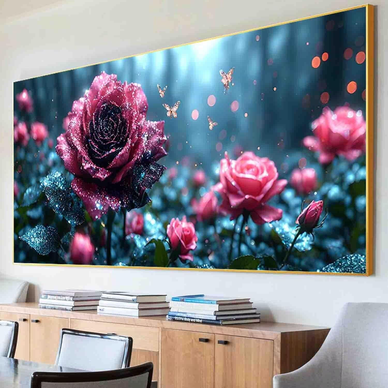 Flower Paint by Numbers Red Rose Painting Kits for Adults Beginner Painting by Numbers pre Drawn Canvas with Brush Acrylic Oil Paint Adult Craft, Gifts for Women, Room Decor (80x160cm Framed) -72z9