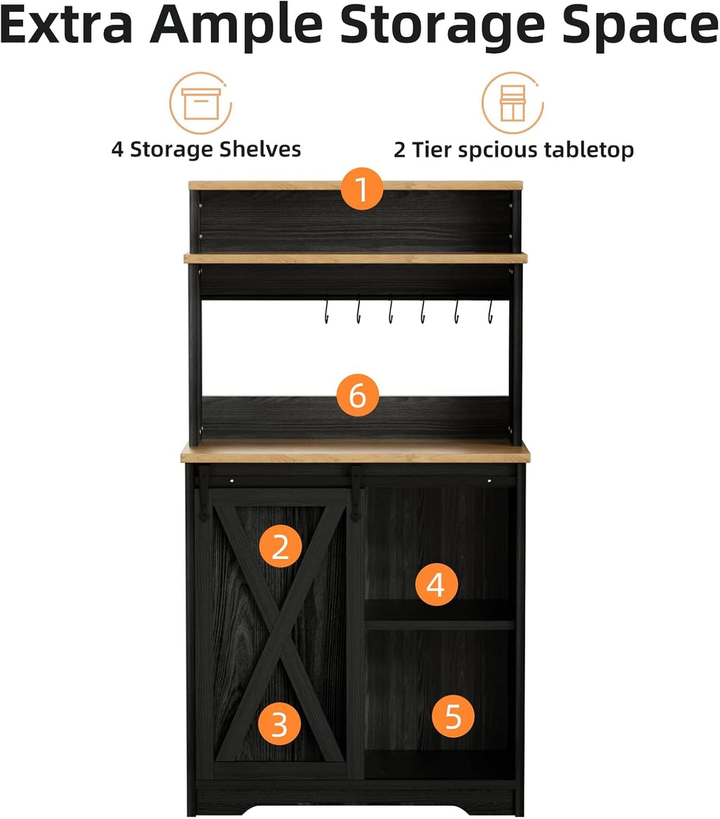 BestHaped Farmhouse Coffee Bar with 3 Tier Storage Hutch, 56 Inch Small Bar Station with 6 Hooks, Corner Table with Adjustable Shelves for Living Dining Room Black