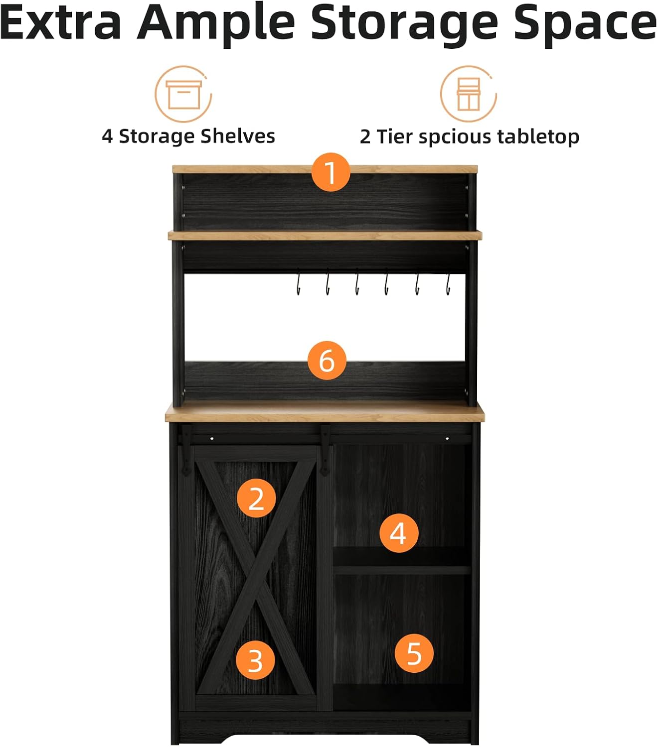BestHaped Farmhouse Coffee Bar with 3 Tier Storage Hutch, 56 Inch Small Bar Station with 6 Hooks, Corner Table with Adjustable Shelves for Living Dining Room Black