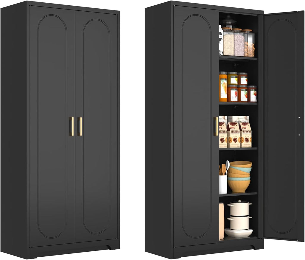 Polup 71' Tall Kitchen Pantry Cabinet, Pantry Storage Cabinet with Doors and Shelves, Metal Food Pantry Cabinets with Handles, Black Freestanding Cupboard for Living&Dining Room-Assemble Required