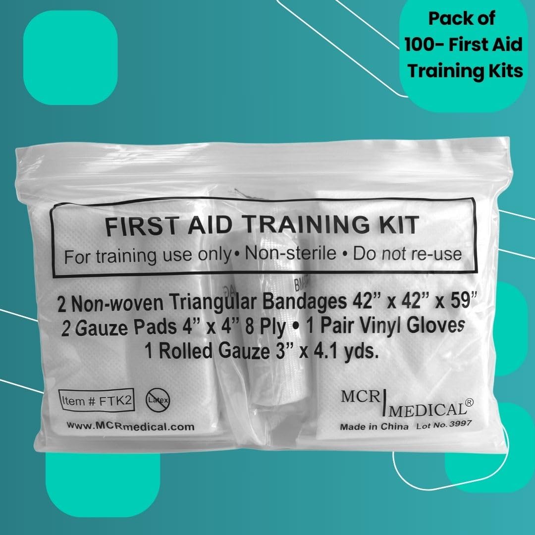 First Aid Training Kit w/Roller Gauze w. Gauze Pads and Triangular Bandages and Gloves 100-Pack MCR Medical