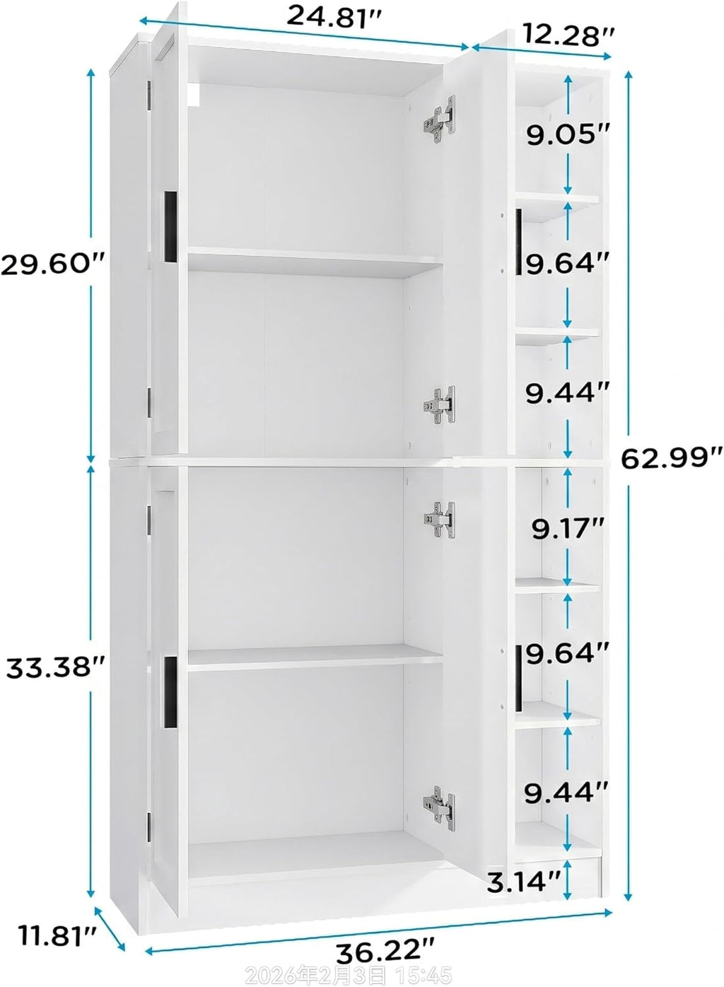 holzart 63' Tall Kitchen Pantry Cabinet, Freestanding Dining Room Storage Hutch with 4 Doors and Adjustable Shelves, Modern Utility Cupboard for Coffee Bar and Microwave, White