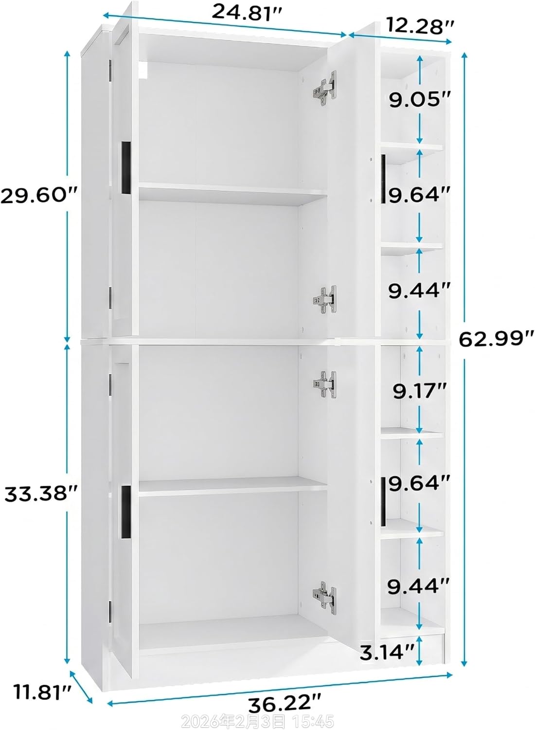 holzart 63' Tall Kitchen Pantry Cabinet, Freestanding Dining Room Storage Hutch with 4 Doors and Adjustable Shelves, Modern Utility Cupboard for Coffee Bar and Microwave, White